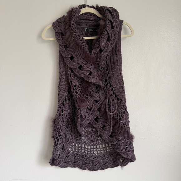 Sioni Jackets & Blazers - Vintage Sioni Purple Knit Rabbit Fur Trim Vest Crochet Cable Knit Wool Blend